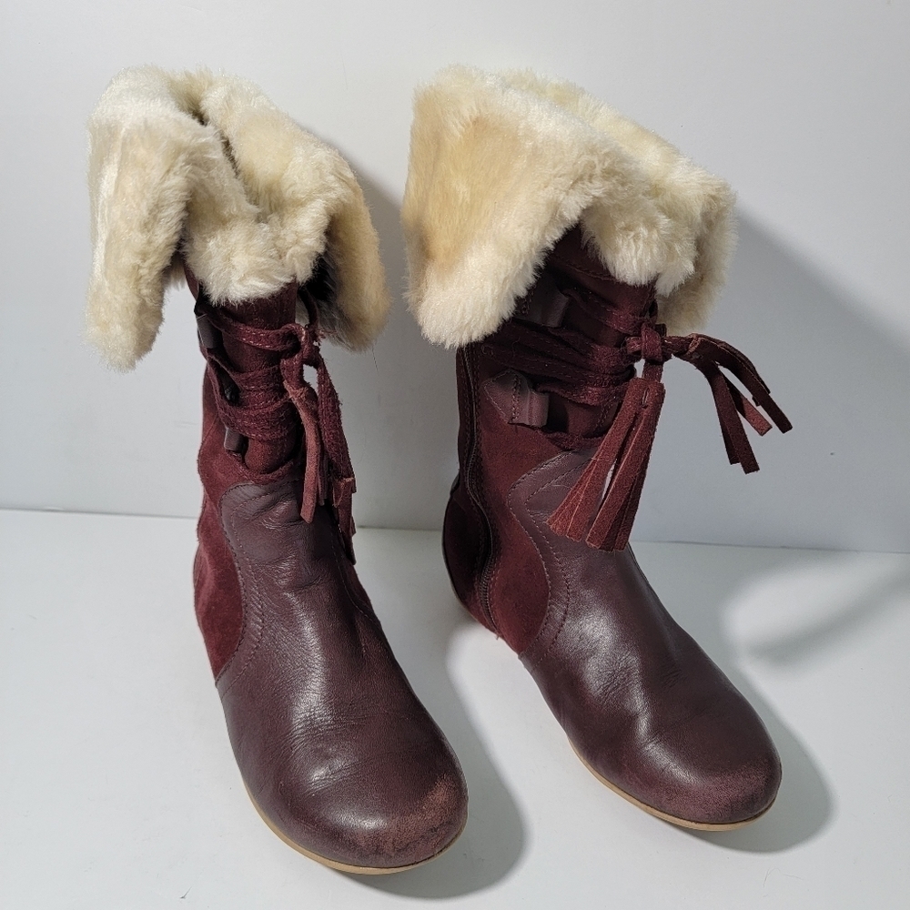 Clark Brown Leather With Faux Fur Trim Side Zip Lace Up Tassel Boots Girl 10.5